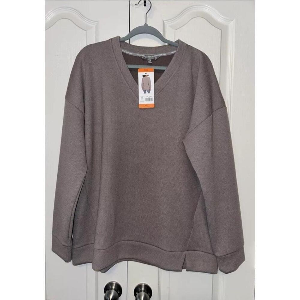 Marc New York Women's V Neck Long Sleeve Textured Top Taupe XXL J6